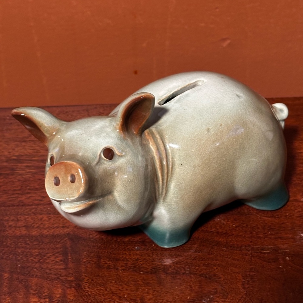 Vintage Pottery Green Brown Pig Piggy Bank Big Ears